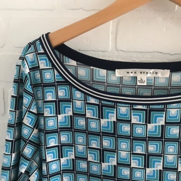 Max Studio Shift Dress Retro Geometric Vintage vibe Stretch Mini Blue L - Picture 5 of 8